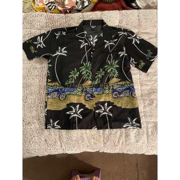 Hawaiian Style Mens L Shirt Palm Tree & Motorcycle Pacific & Co Black - Picture 6 of 16